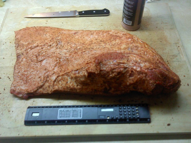 0402001603b.jpg - 14 pound brisket went into the smoker 18 hours ahead of time